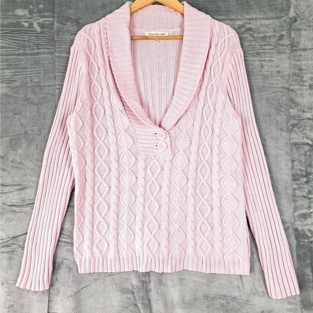 Womens Sweater Large Pink Shawl Collar Cable Knit Chunky Fisherman Preppy Cozy